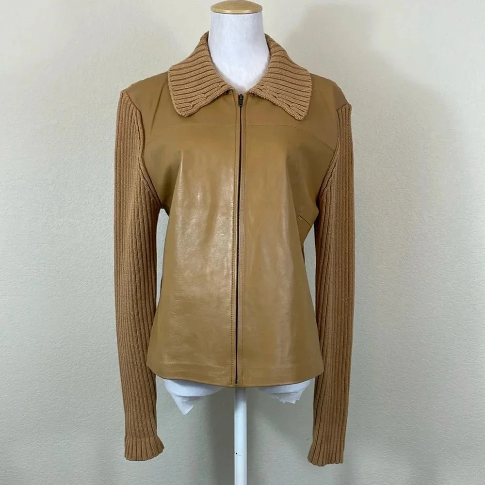 Maurice Sasson camel leather cotton knit mixed media jacket size large